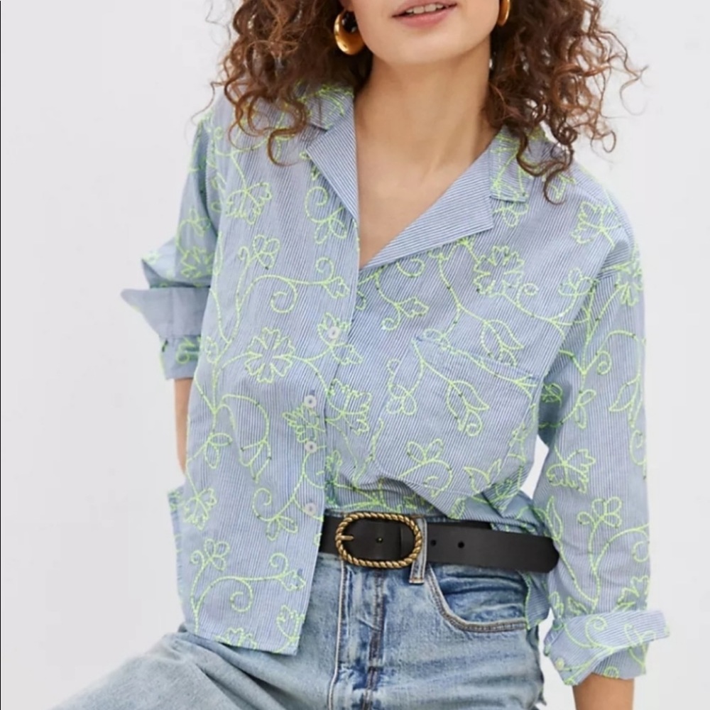 Maeve • NWT Clarissa High Low Blue White Striped Poplin Button Down Shirt